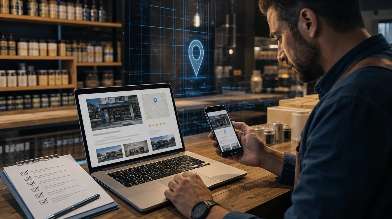 A business owner checks their online listing on a laptop and phone beside a ticked checklist