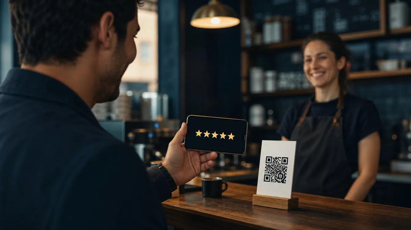 A customer shows a five-star rating on their phone at a cafe counter beside a QR code card