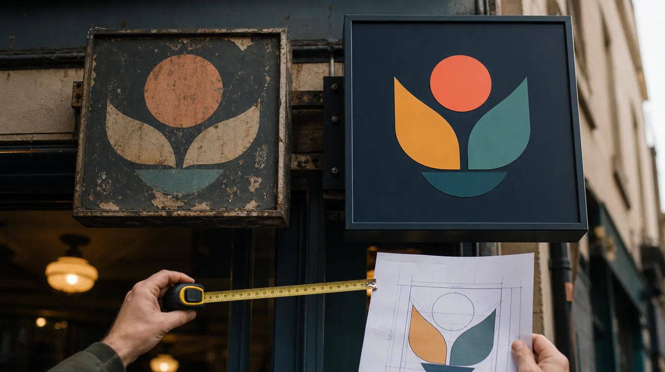 An old faded shop sign beside its modern redesigned replacement, with a tape measure and blueprint