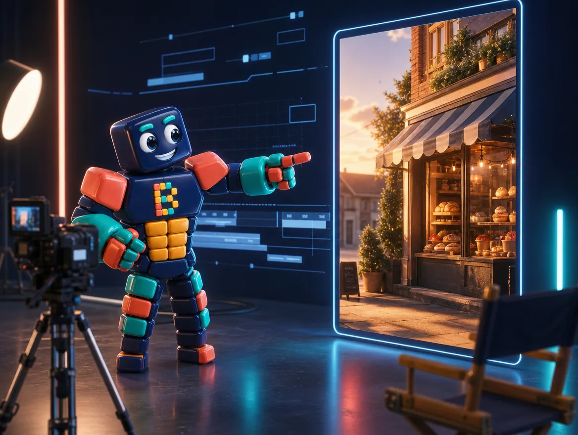Brandon directing an AI video of a bakery storefront in a virtual studio