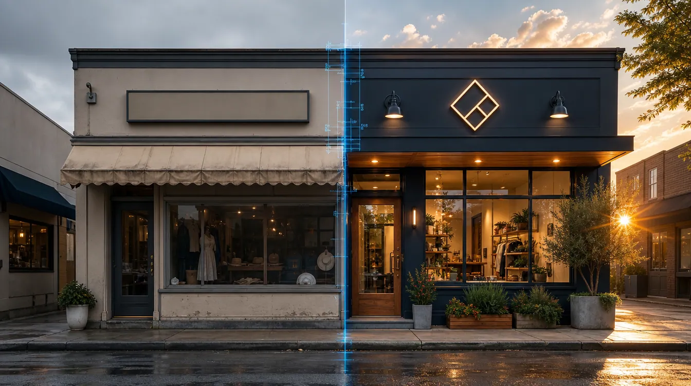 The same shop shown before and after: a faded beige storefront beside a modern navy storefront with new signage