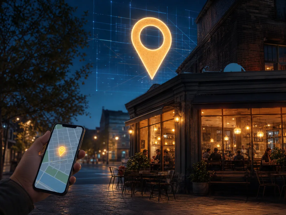 A customer finds a cozy cafe on their phone, with a glowing map pin above the shop
