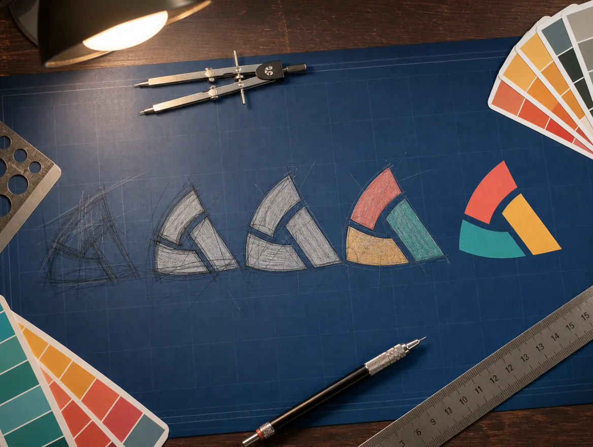 Logo sketches on blueprint paper evolving into a finished colourful mark
