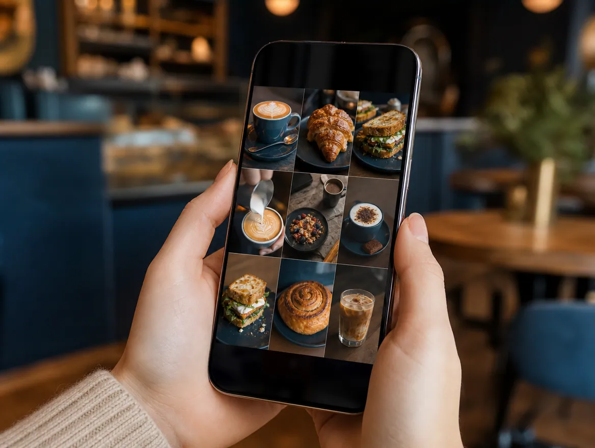 A phone showing a consistent, on-brand grid of food and drink posts